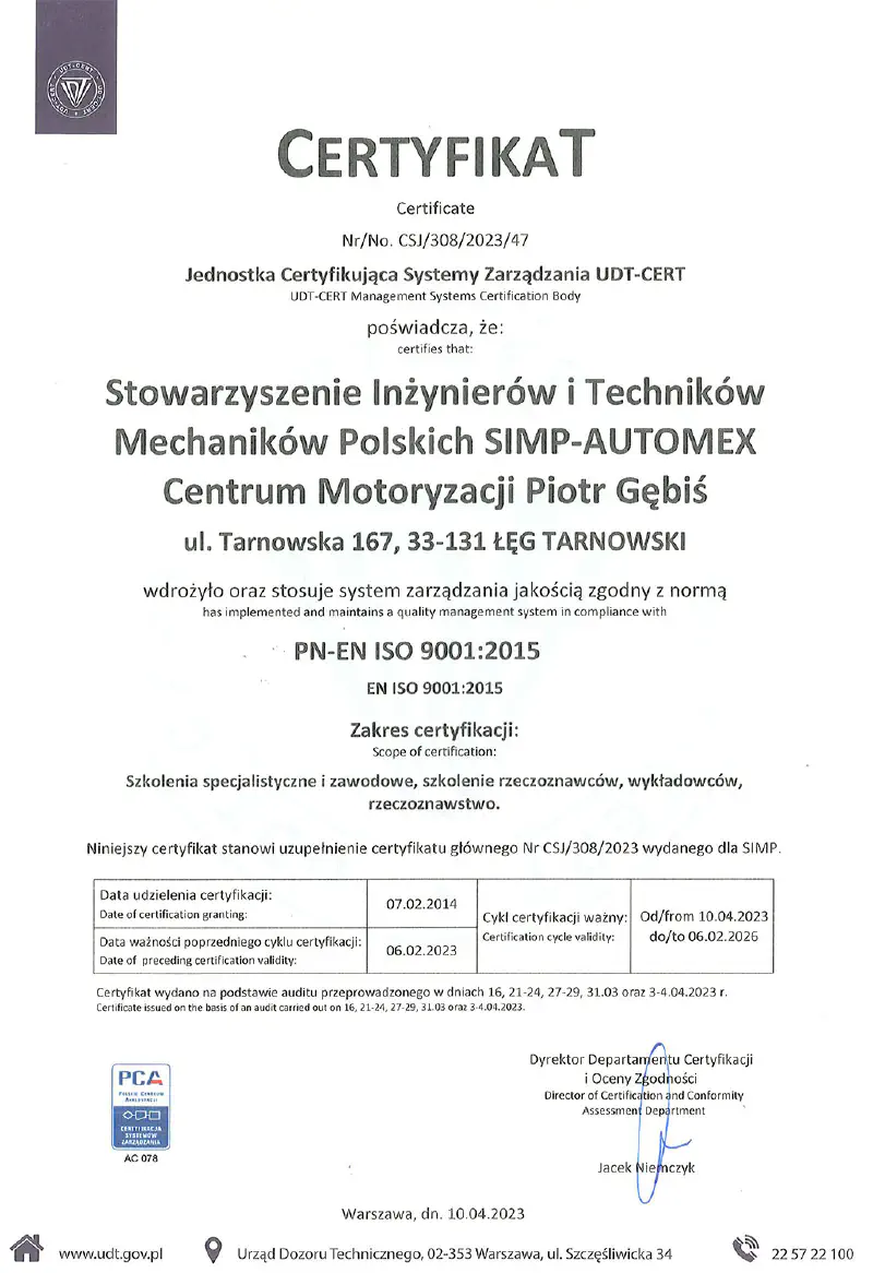 Certyfikat Systemu Zarządzania Jakością PN-EN ISO 9001:2015 wydany przez UDT-CERT dla SIMP-AUTOMEX